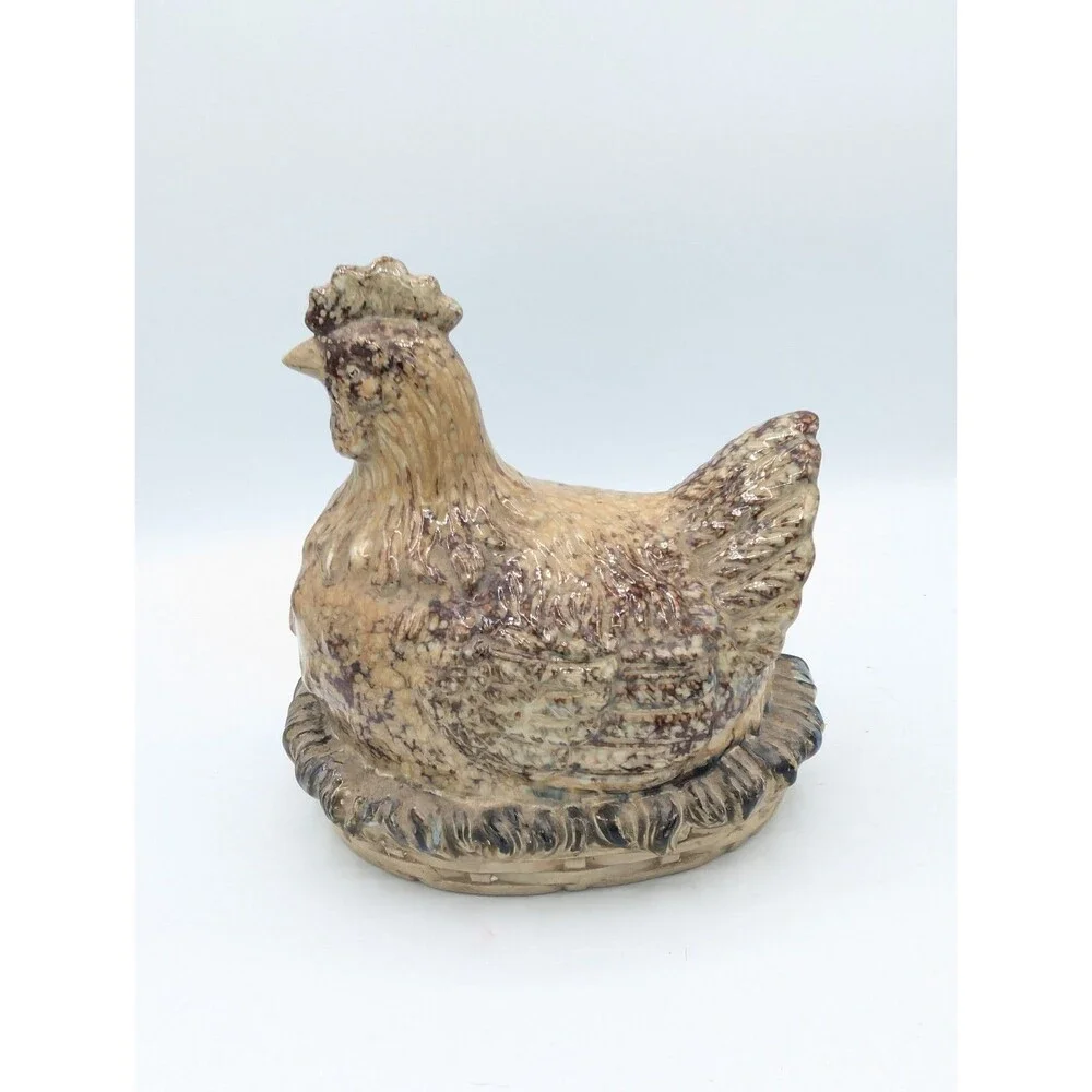 Vintage Stoneware Hen Hen on Nest Birdhouse Ceramic Speckled Glaze Cottagecore
